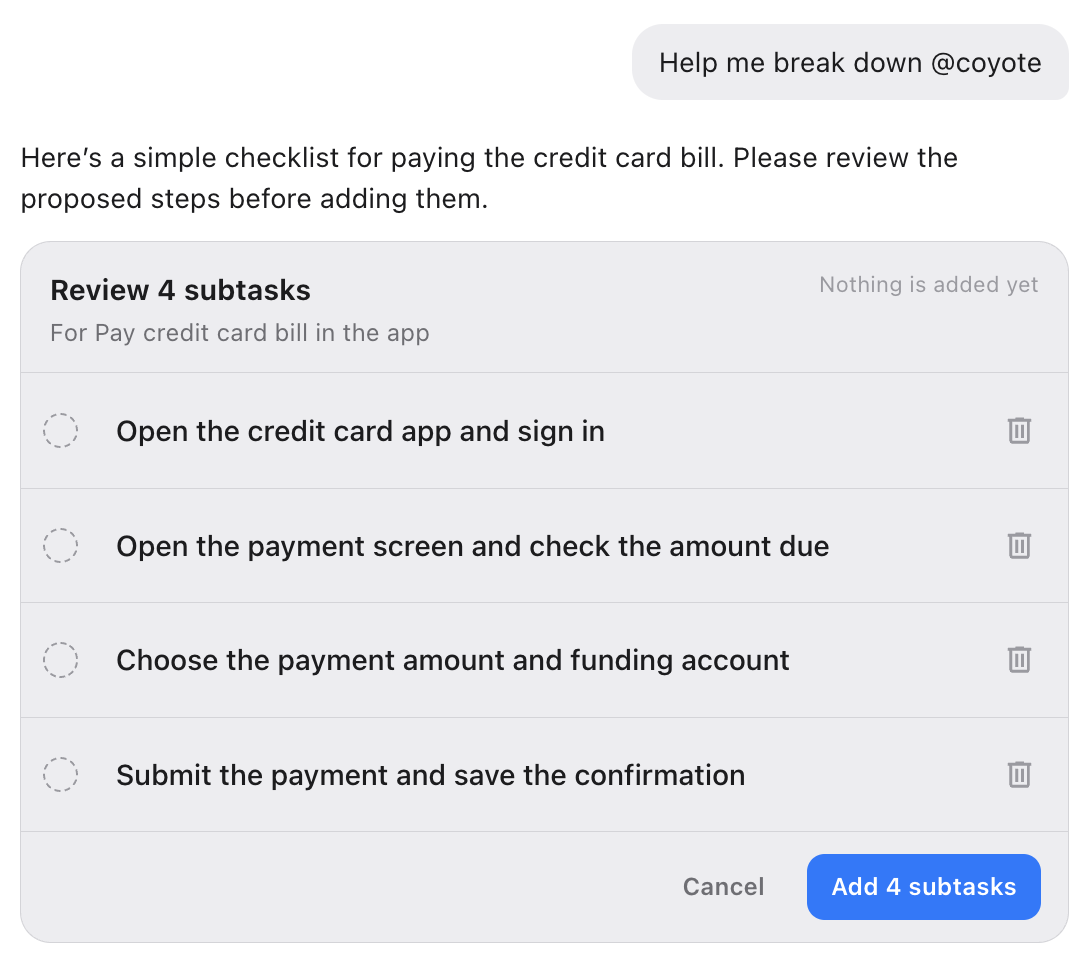 Break down task into subtasks feature demonstration