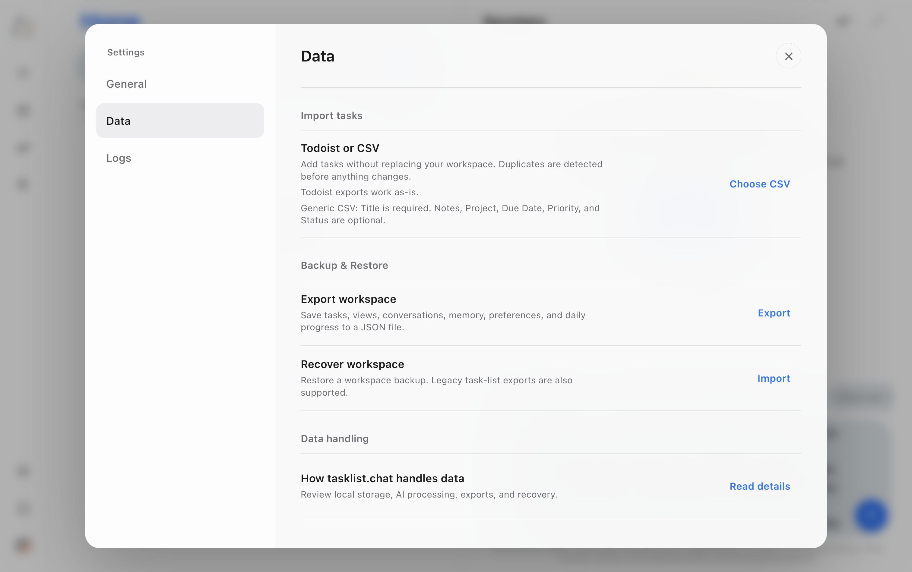 tasklist.chat Settings Data modal